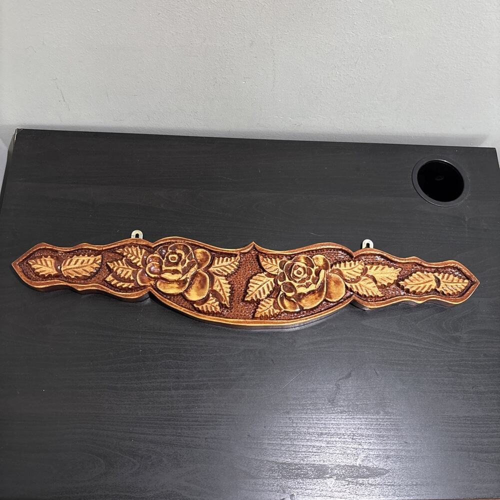 VTG Hand Carved Wood Wall Plaque Two Rose Floral Rustic Farmhouse Cottage Decor